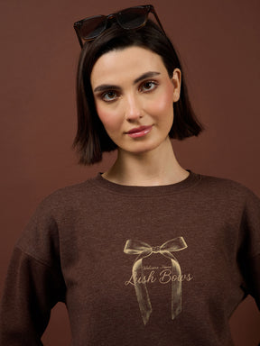 Brown Melange Fleece BOW Print Oversize Sweatshirt-SASSAFRAS