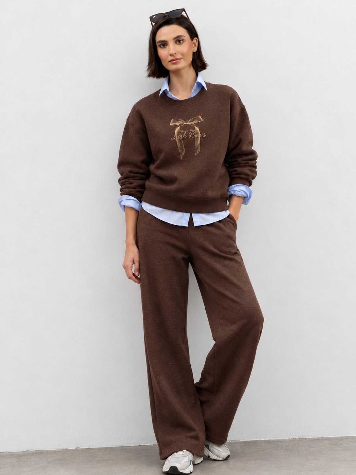 Brown Melange Fleece BOW Print Oversize Sweatshirt With Track Pants-SASSAFRAS