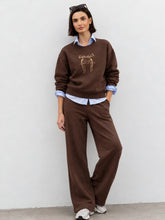 Brown Melange Fleece BOW Print Oversize Sweatshirt With Track Pants-SASSAFRAS
