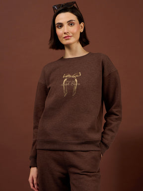 Brown Melange Fleece BOW Print Oversize Sweatshirt With Track Pants-SASSAFRAS