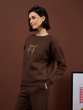 Brown Melange Fleece BOW Print Oversize Sweatshirt With Track Pants-SASSAFRAS