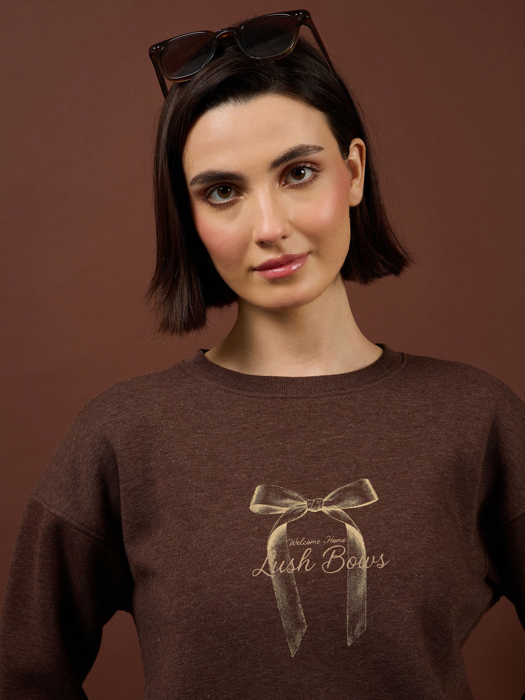 Brown Melange Fleece BOW Print Oversize Sweatshirt With Track Pants-SASSAFRAS