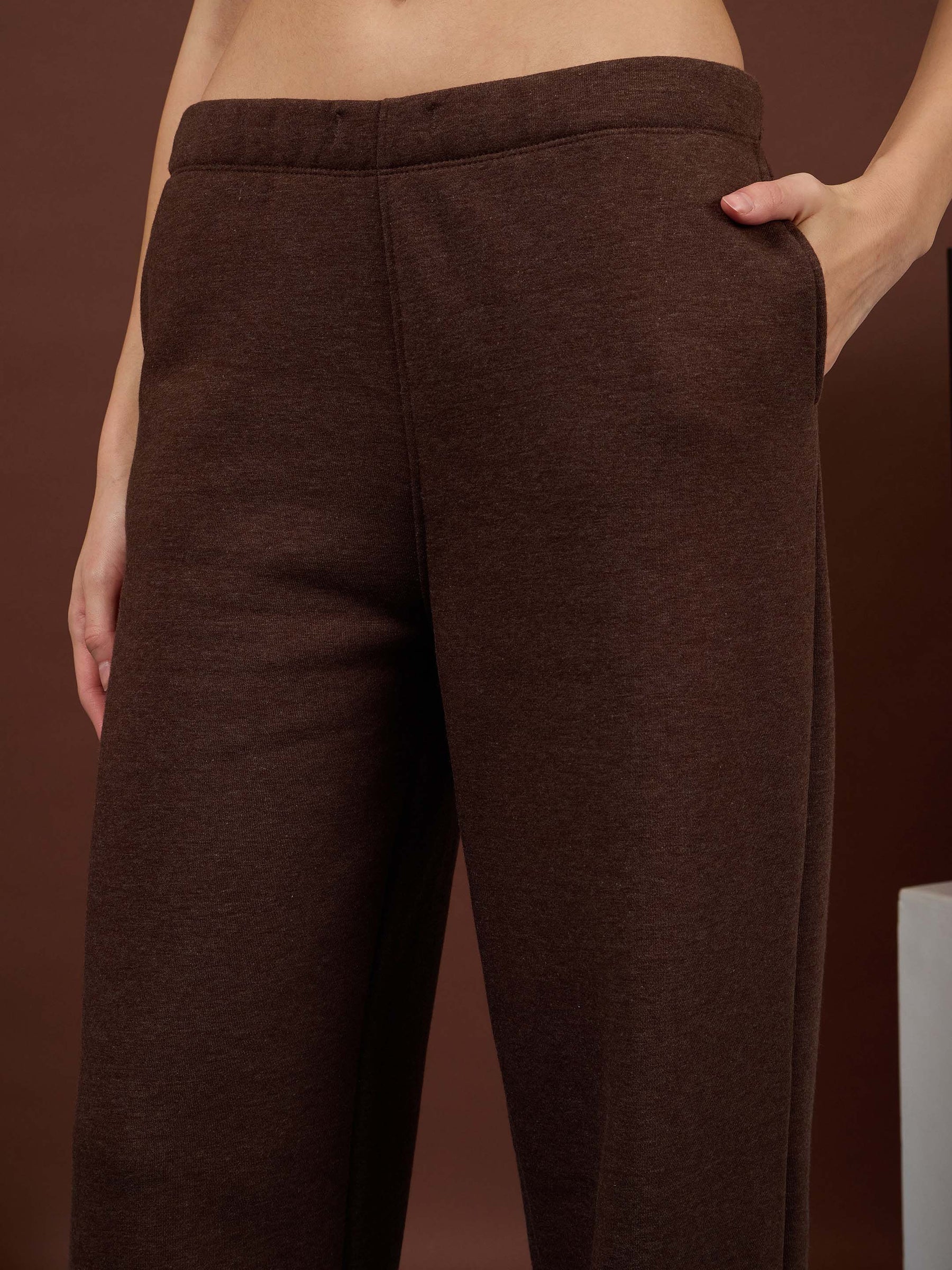 Brown Melange Fleece BOW Print Oversize Sweatshirt With Track Pants-SASSAFRAS