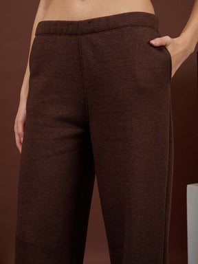 Brown Melange Fleece BOW Print Oversize Sweatshirt With Track Pants-SASSAFRAS