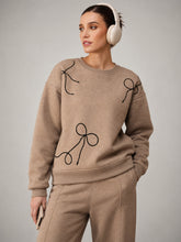 Beige Melange Fleece Bow Placement Print Oversize Sweatshirt-SASSAFRAS