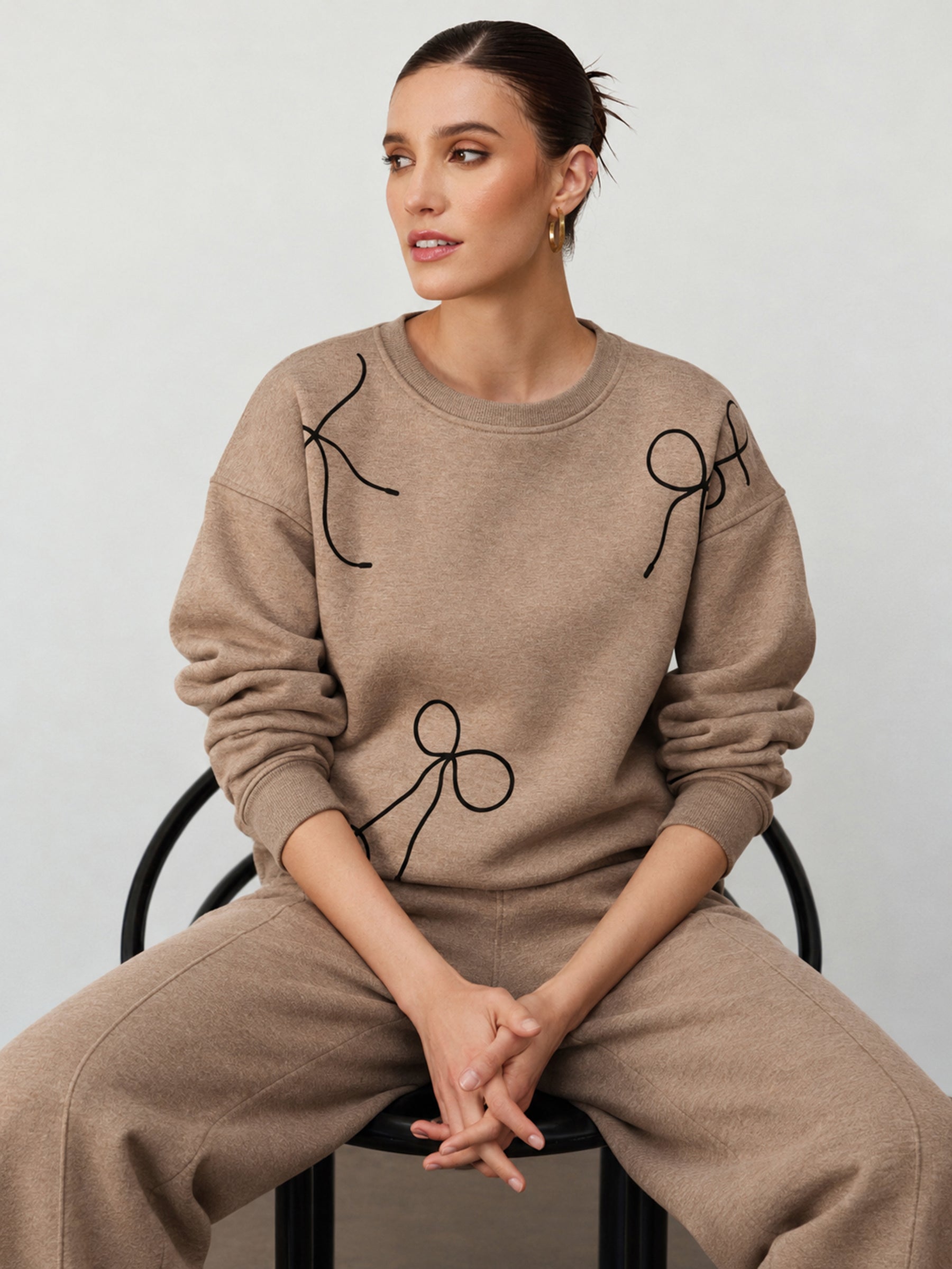 Beige Melange Fleece Bow Placement Print Oversize Sweatshirt-SASSAFRAS