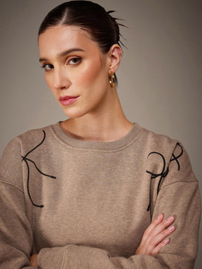 Beige Melange Fleece Bow Placement Print Oversize Sweatshirt-SASSAFRAS