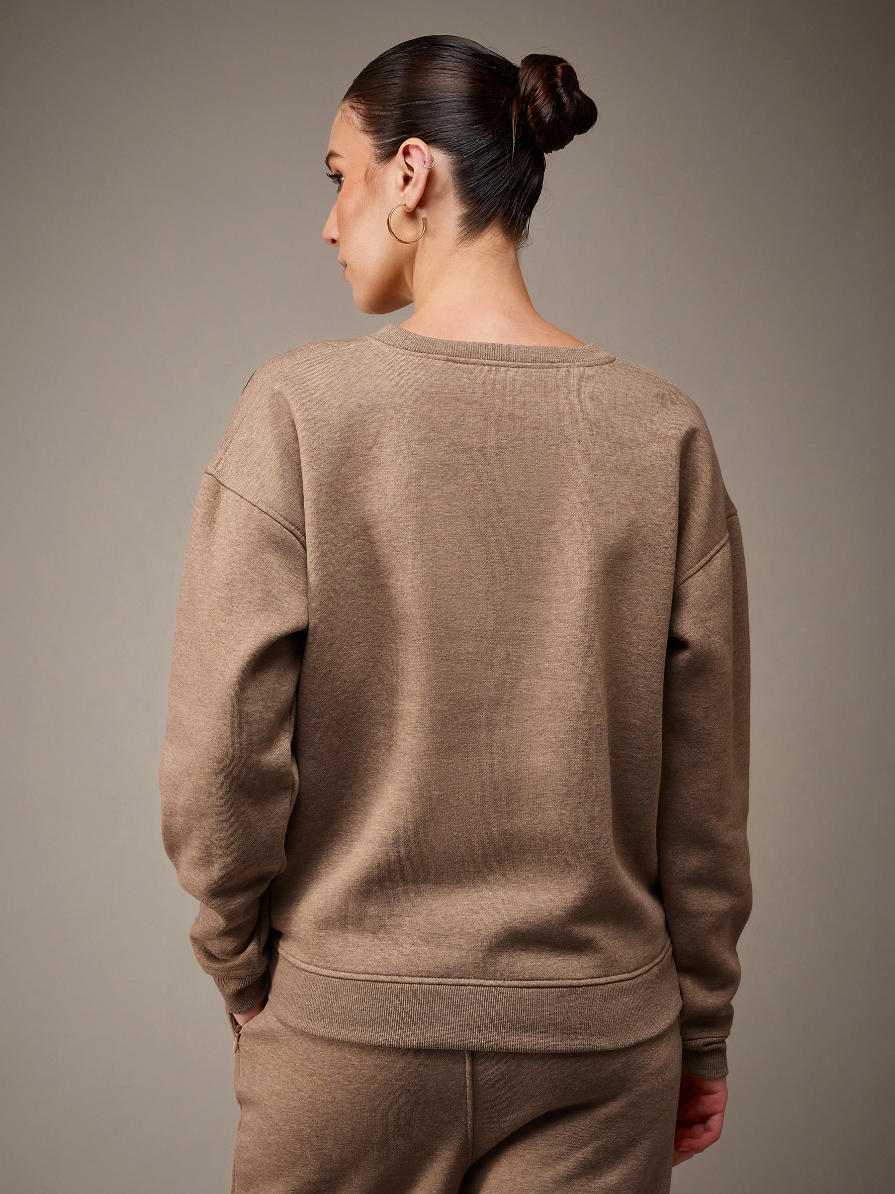 Beige Melange Fleece Bow Placement Print Oversize Sweatshirt-SASSAFRAS