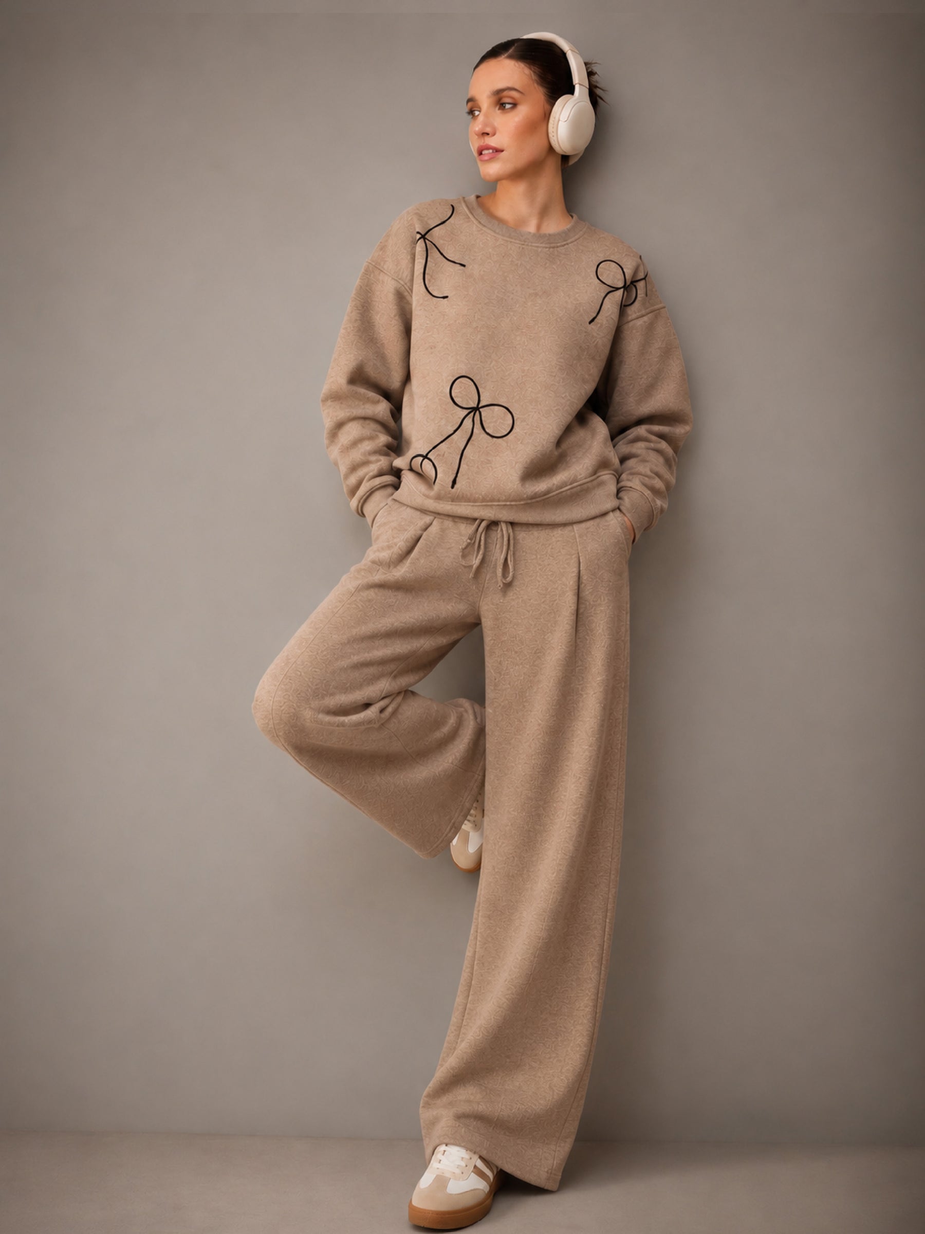 Beige Melange Fleece Bow Placement Print Oversize Sweatshirt With Track Pants-SASSAFRAS