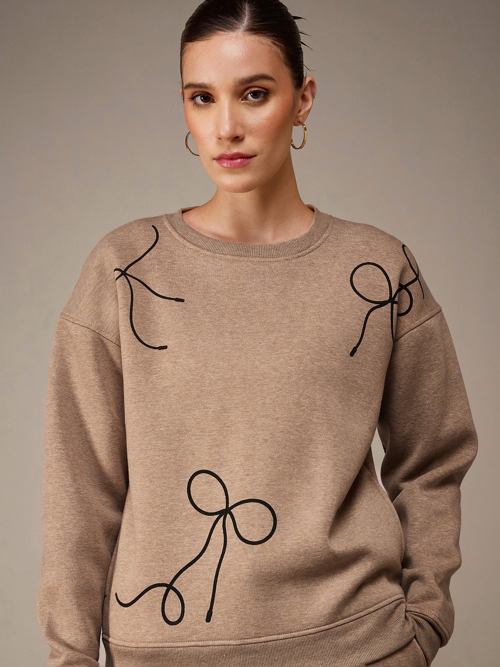 Beige Melange Fleece Bow Placement Print Oversize Sweatshirt With Track Pants-SASSAFRAS