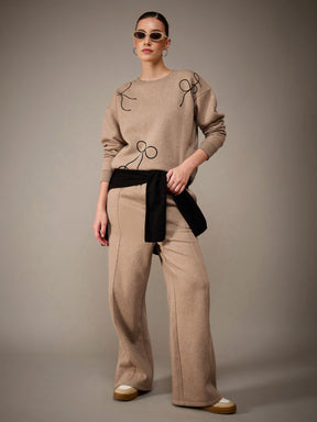 Beige Melange Fleece Bow Placement Print Oversize Sweatshirt With Track Pants-SASSAFRAS