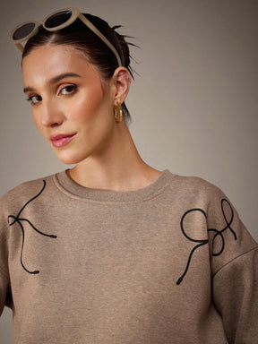 Beige Melange Fleece Bow Placement Print Oversize Sweatshirt With Track Pants-SASSAFRAS