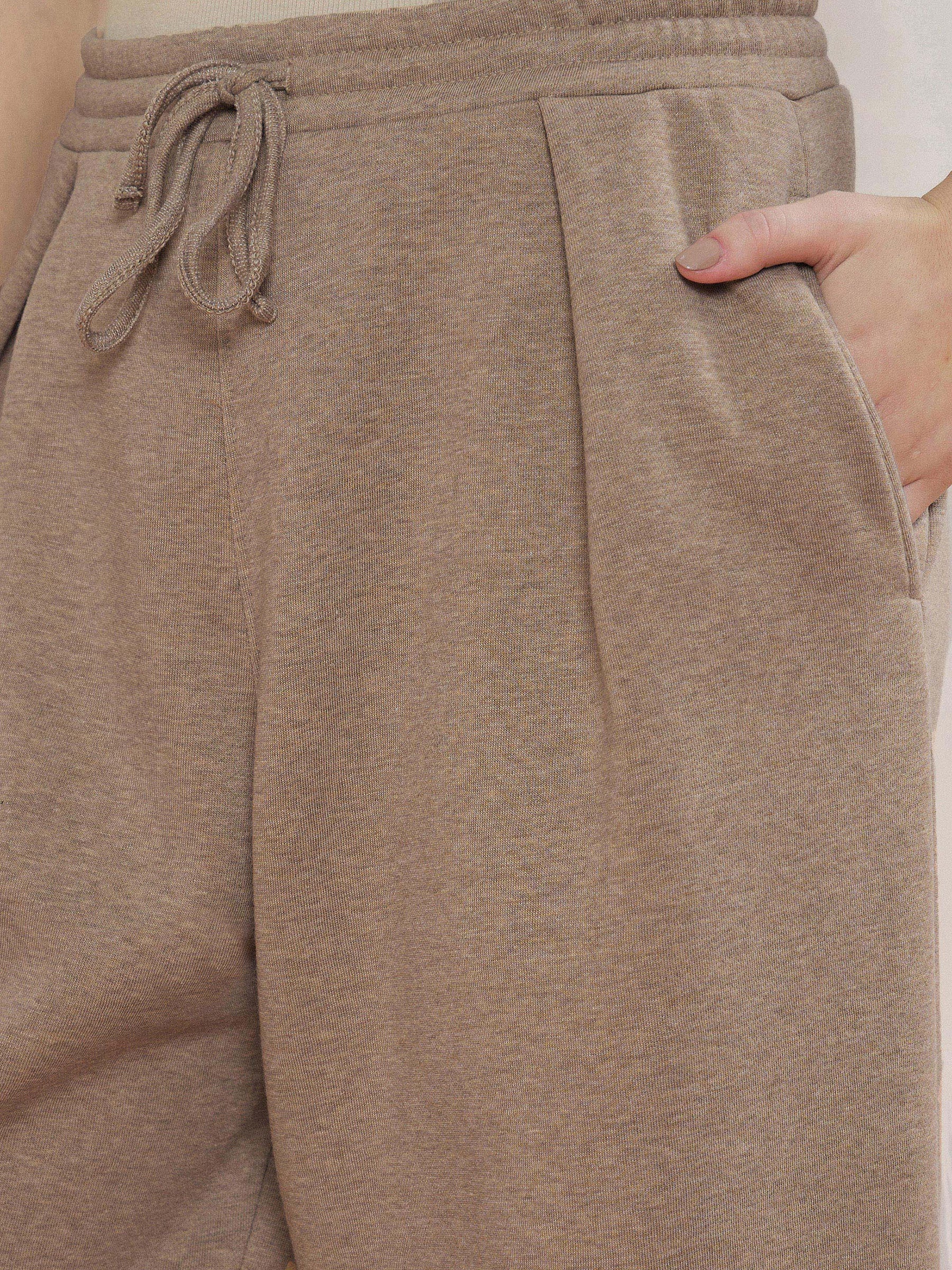 Beige Melange Fleece Bow Placement Print Oversize Sweatshirt With Track Pants-SASSAFRAS