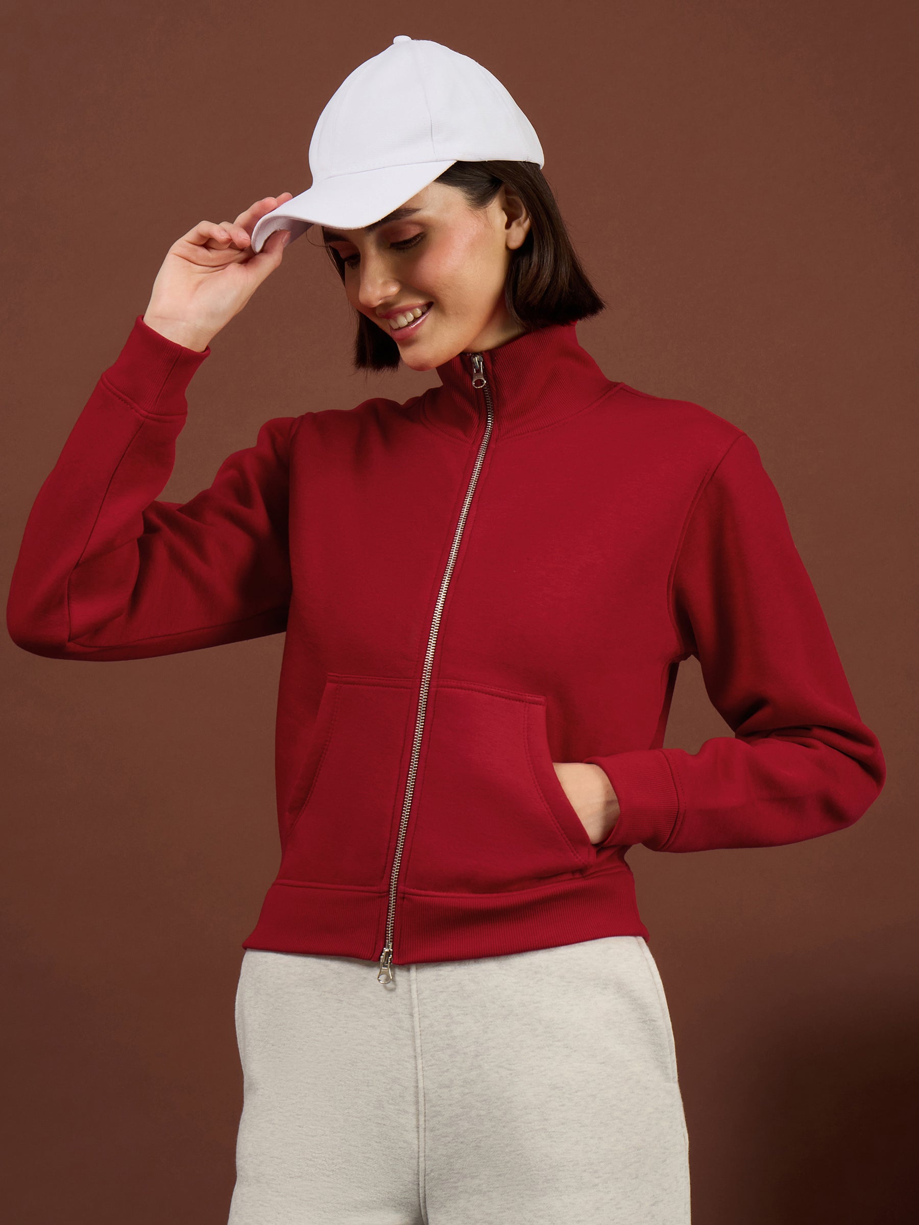 Red Fleece Double-Zipper Sweatshirt-SASSAFRAS