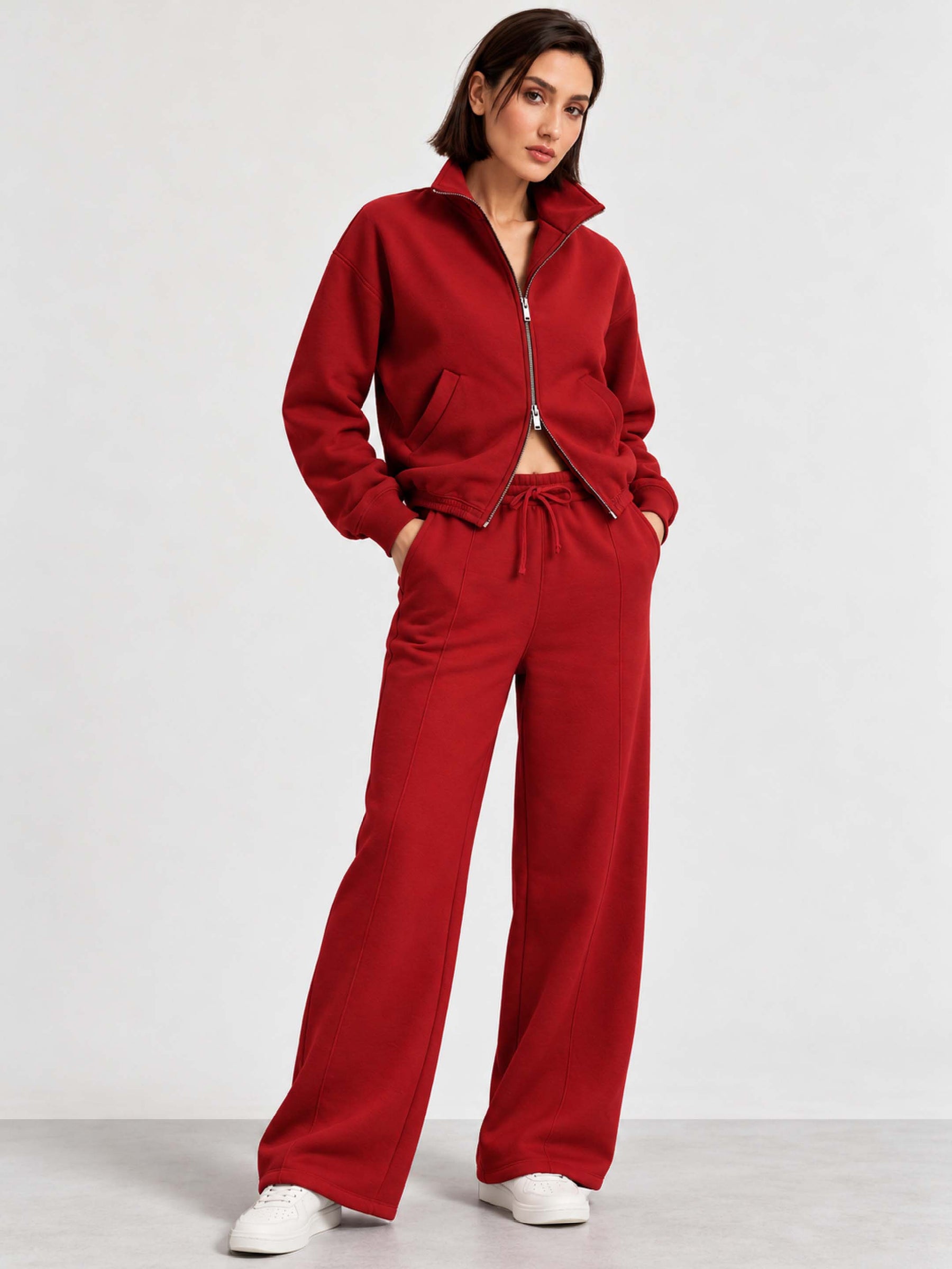 Red Fleece Double-Zipper Sweatshirt With Track Pants-SASSAFRAS