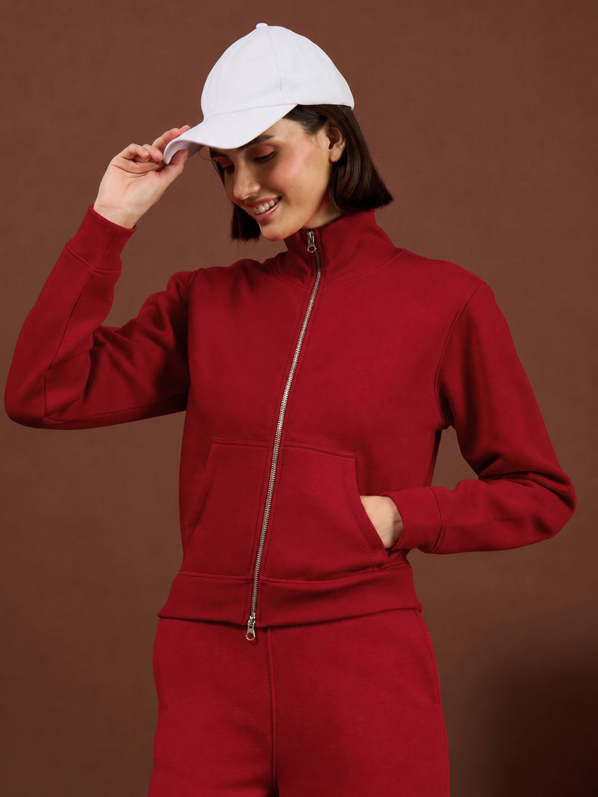 Red Fleece Double-Zipper Sweatshirt With Track Pants-SASSAFRAS