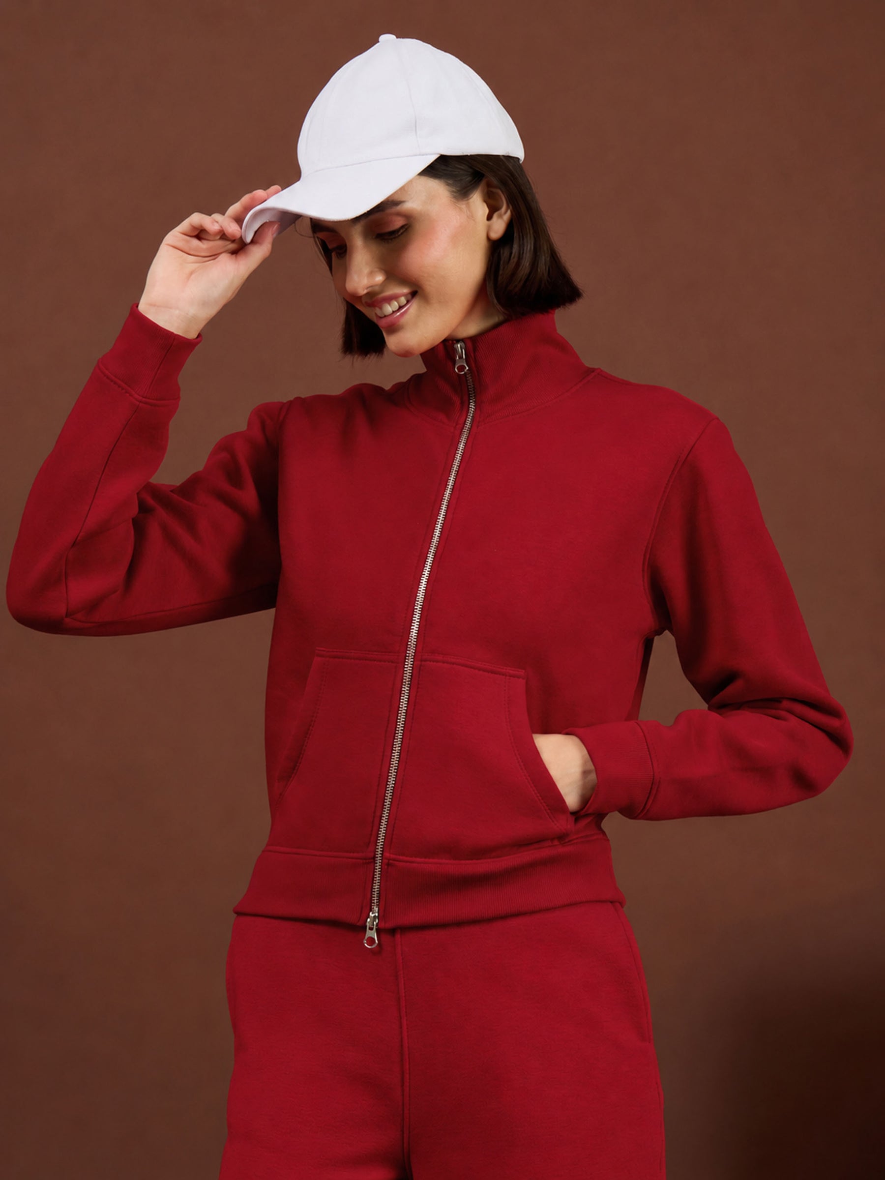 Red Fleece Double-Zipper Sweatshirt With Track Pants-SASSAFRAS