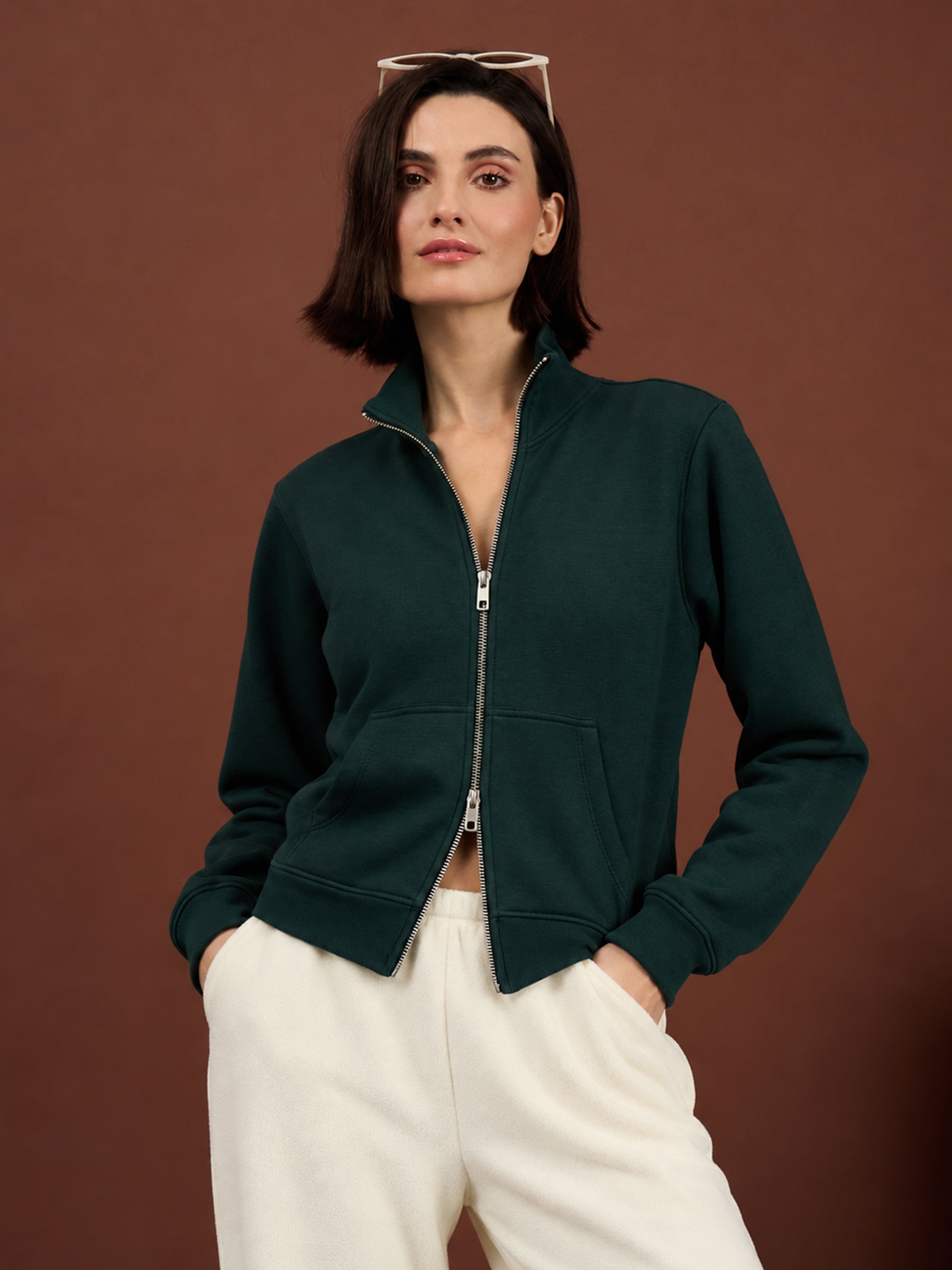 Emerald Green Fleece Double-Zipper Sweatshirt-SASSAFRAS