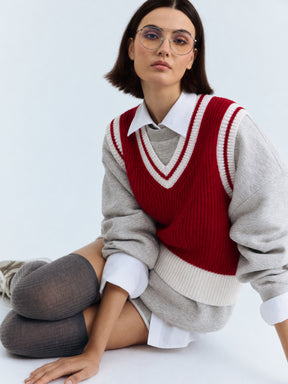 Red With White Border V-Neck Sweater Vest-SASSAFRAS