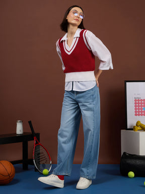 Red With White Border V-Neck Sweater Vest-SASSAFRAS