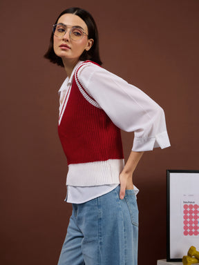 Red With White Border V-Neck Sweater Vest-SASSAFRAS