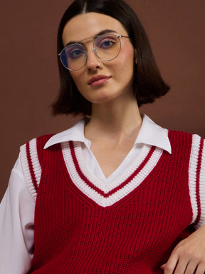 Red With White Border V-Neck Sweater Vest-SASSAFRAS