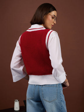 Red With White Border V-Neck Sweater Vest-SASSAFRAS