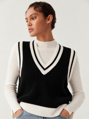 Black With White Border V-Neck Sweater Vest-SASSAFRAS