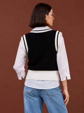 Black With White Border V-Neck Sweater Vest-SASSAFRAS