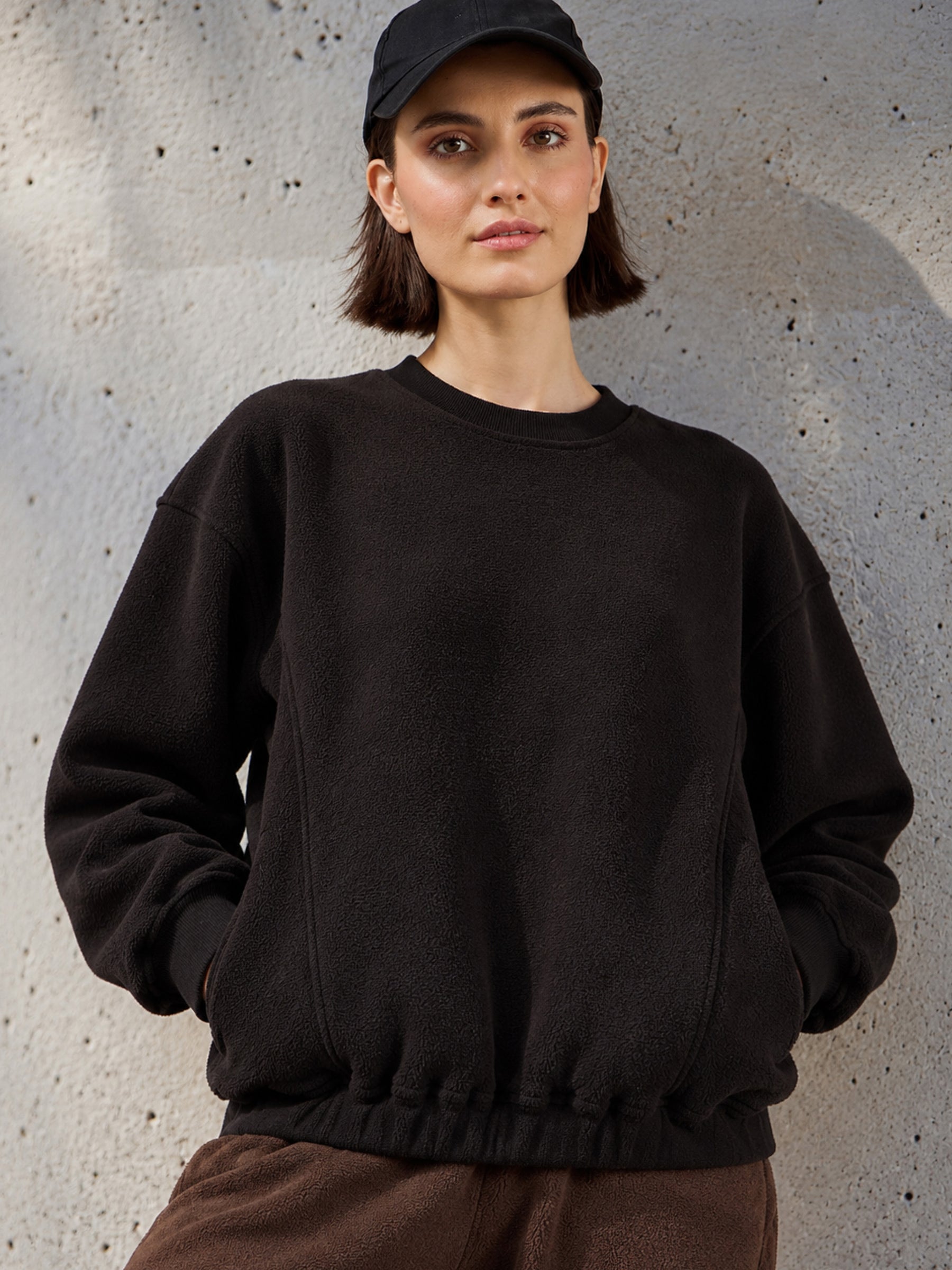 Black Polar Fleece Princess Seam Oversize Sweatshirt-SASSAFRAS