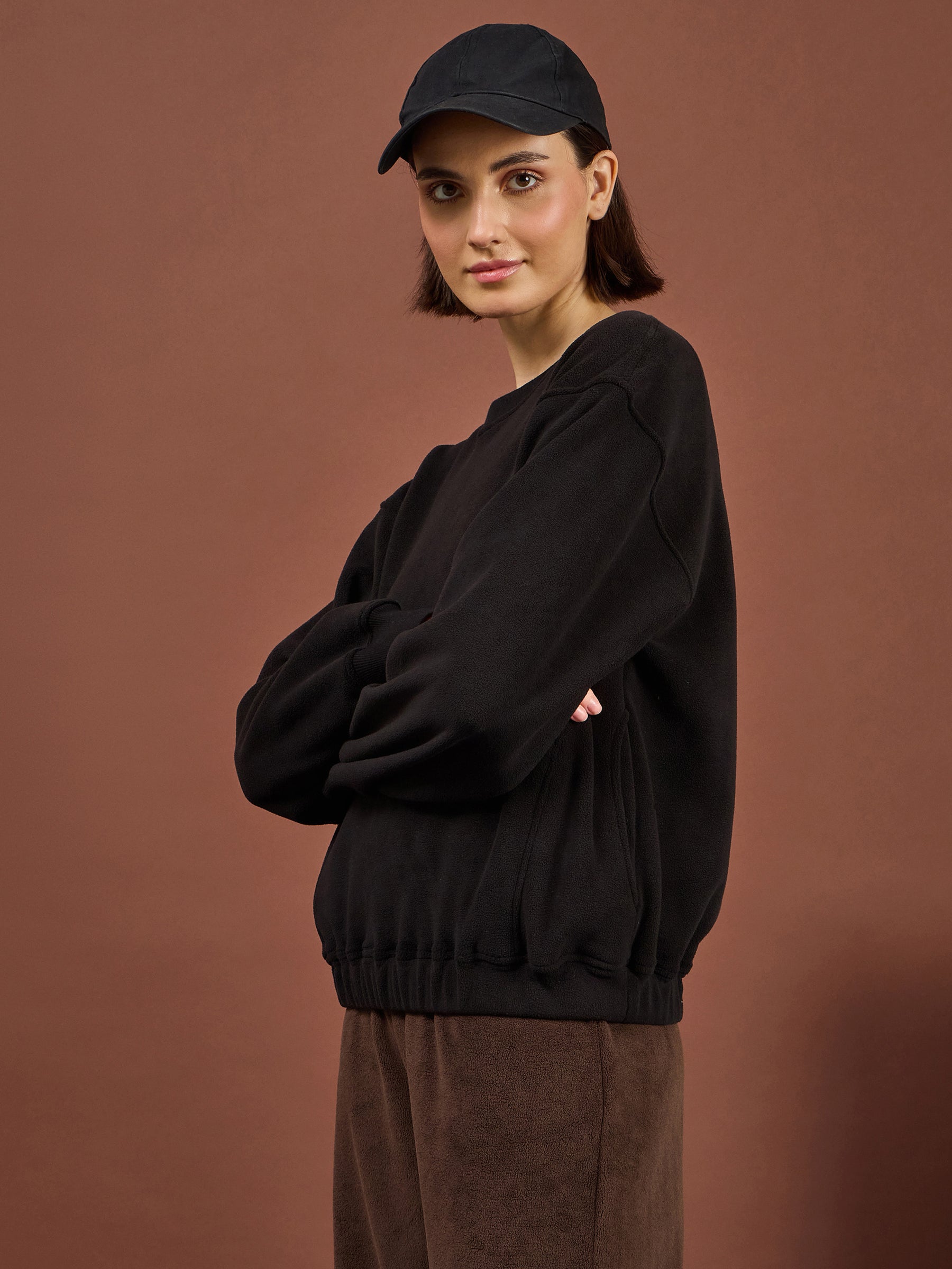 Black Polar Fleece Princess Seam Oversize Sweatshirt-SASSAFRAS