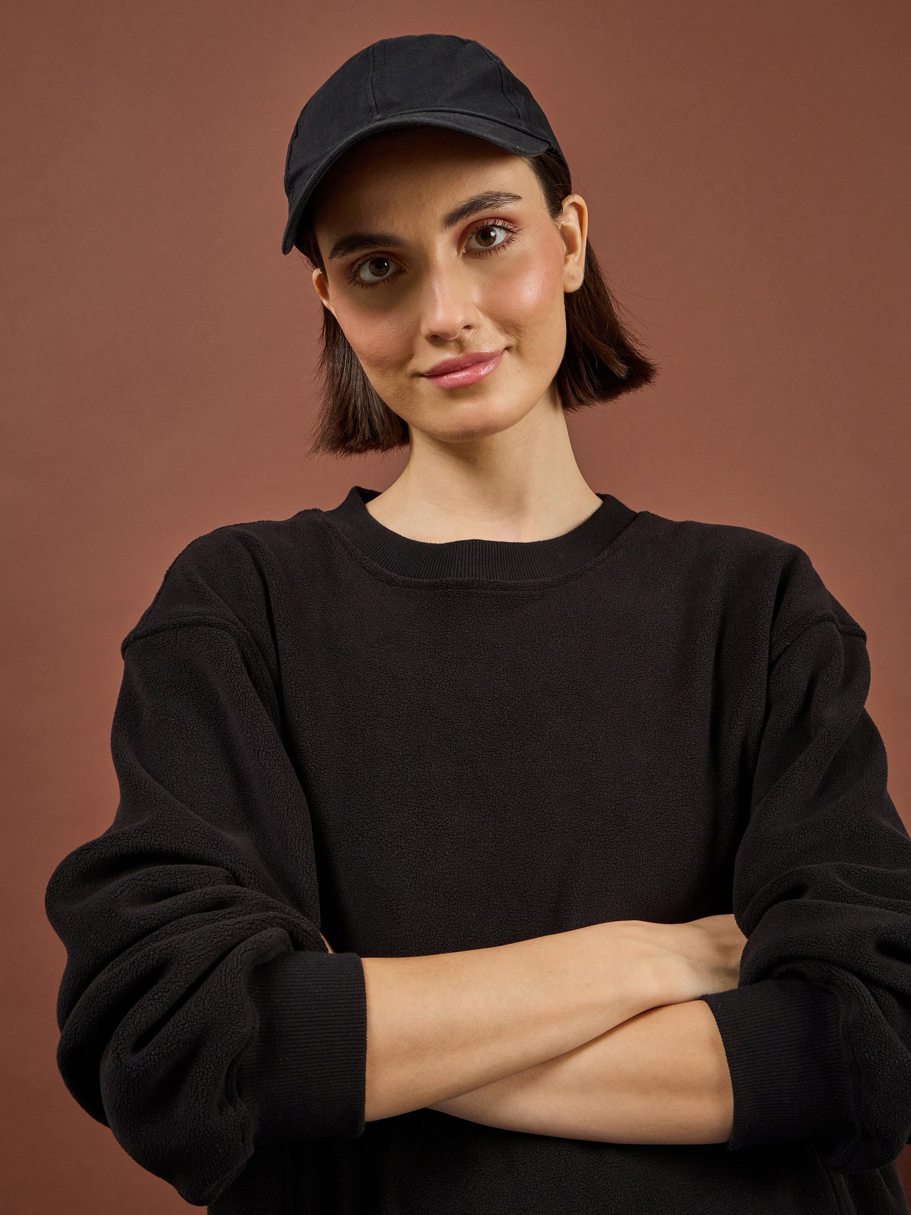 Black Polar Fleece Princess Seam Oversize Sweatshirt-SASSAFRAS