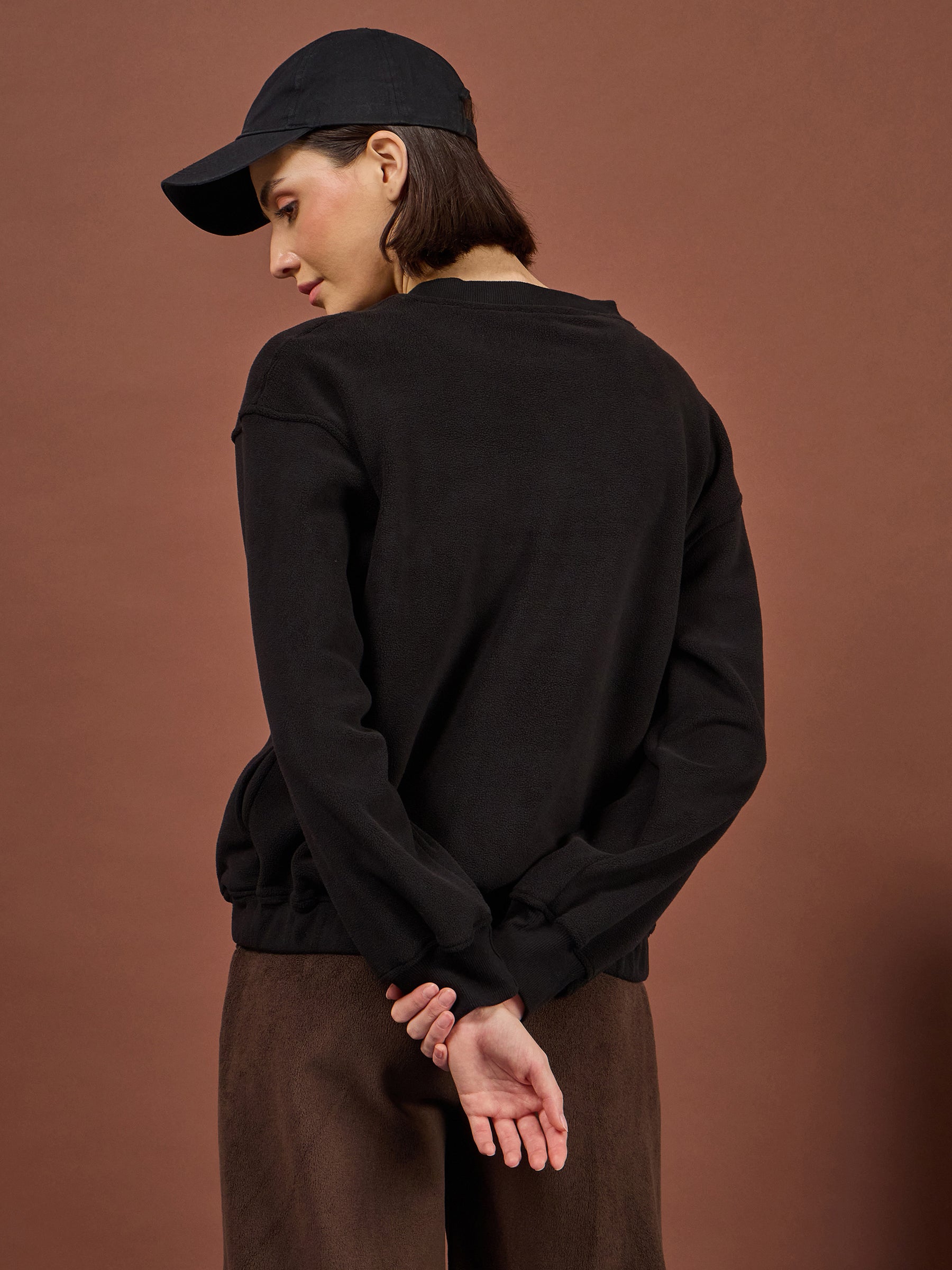 Black Polar Fleece Princess Seam Oversize Sweatshirt-SASSAFRAS