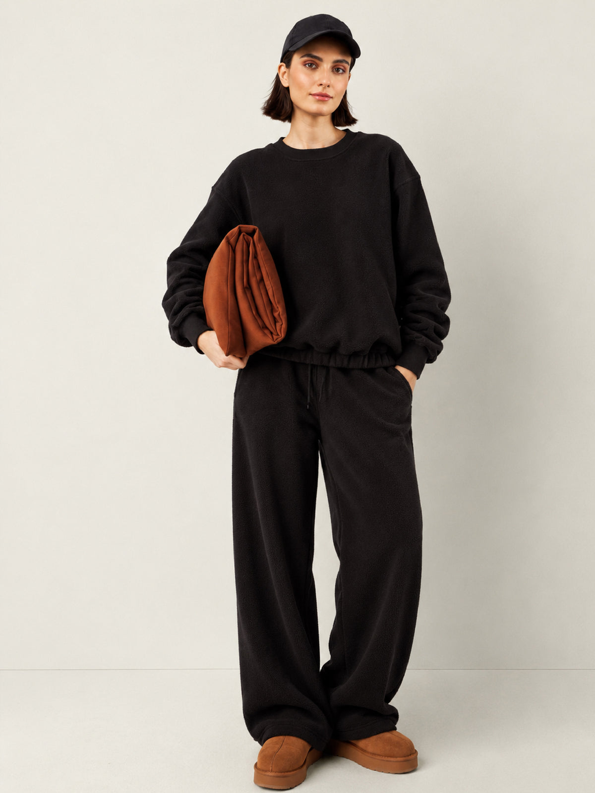 Black Polar Fleece Princess Seam Oversize Sweatshirt With Track Pants-SASSAFRAS