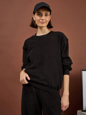 Black Polar Fleece Princess Seam Oversize Sweatshirt With Track Pants-SASSAFRAS