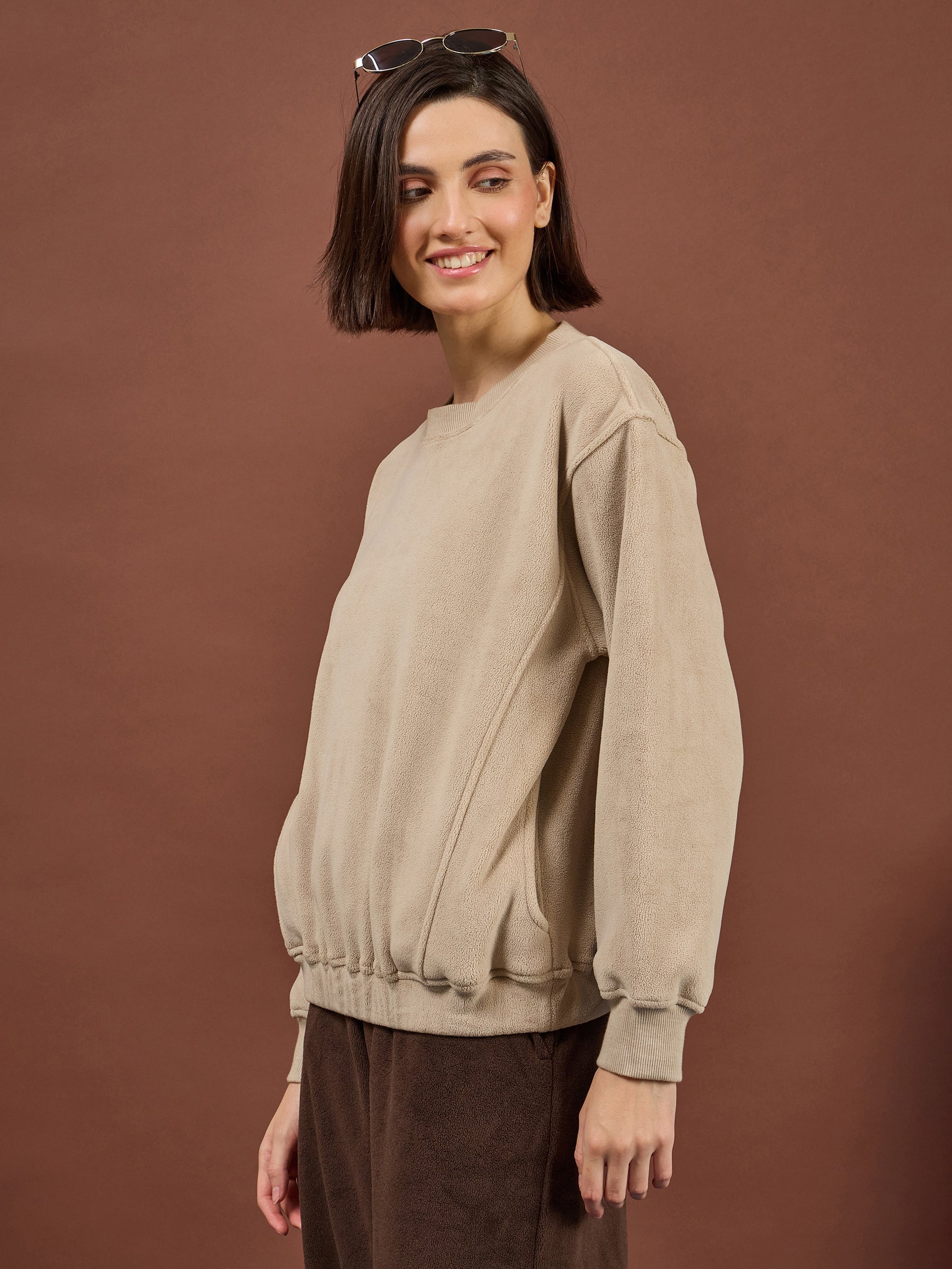 Beige Polar Fleece Princess Seam Oversize Sweatshirt -SASSAFRAS