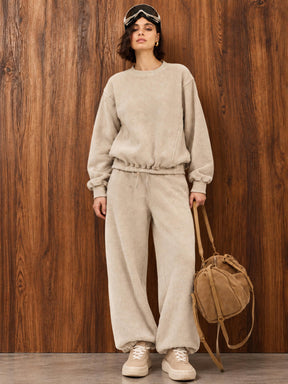 Beige Polar Fleece Princess Seam Oversize Sweatshirt With Track Pants-SASSAFRAS