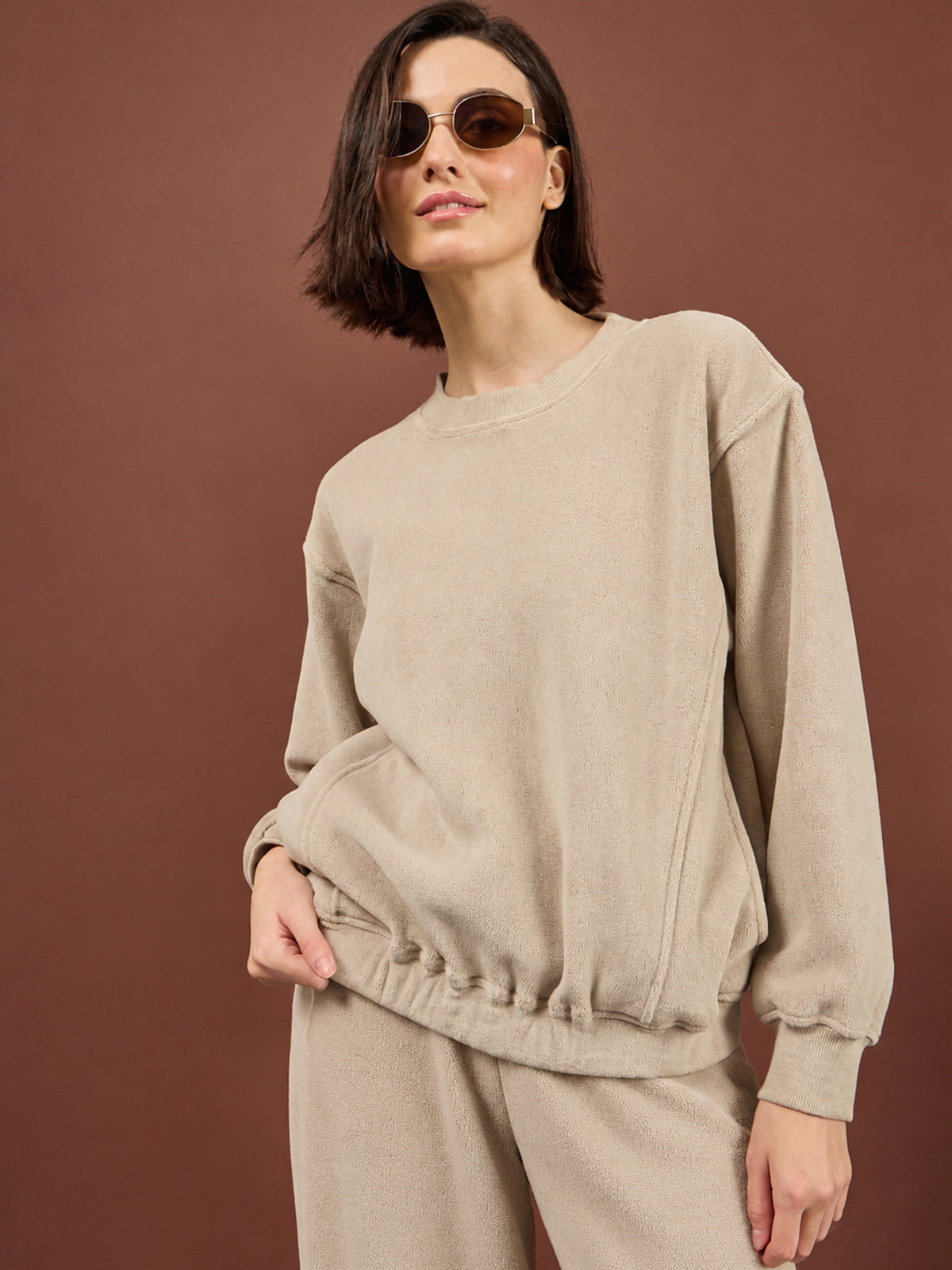 Beige Polar Fleece Princess Seam Oversize Sweatshirt With Track Pants-SASSAFRAS