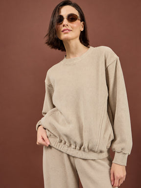 Beige Polar Fleece Princess Seam Oversize Sweatshirt With Track Pants-SASSAFRAS