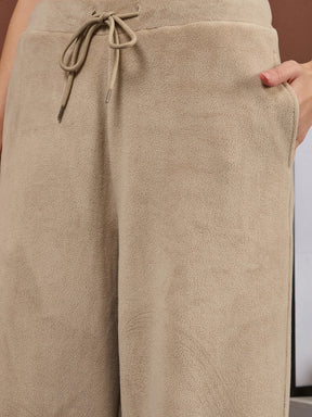 Beige Polar Fleece Princess Seam Oversize Sweatshirt With Track Pants-SASSAFRAS