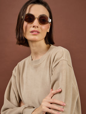 Beige Polar Fleece Princess Seam Oversize Sweatshirt With Track Pants-SASSAFRAS