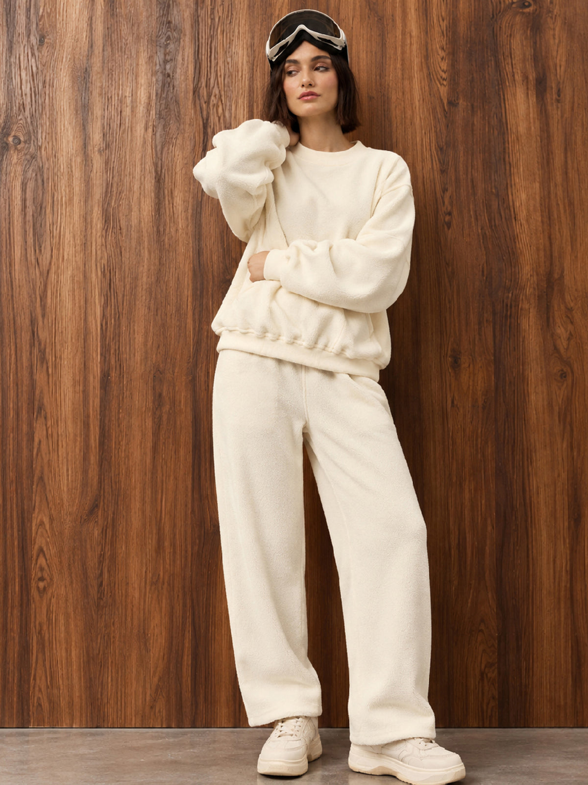 Off-White Polar Fleece Princess Seam Oversize Sweatshirt With Track Pants-SASSAFRAS