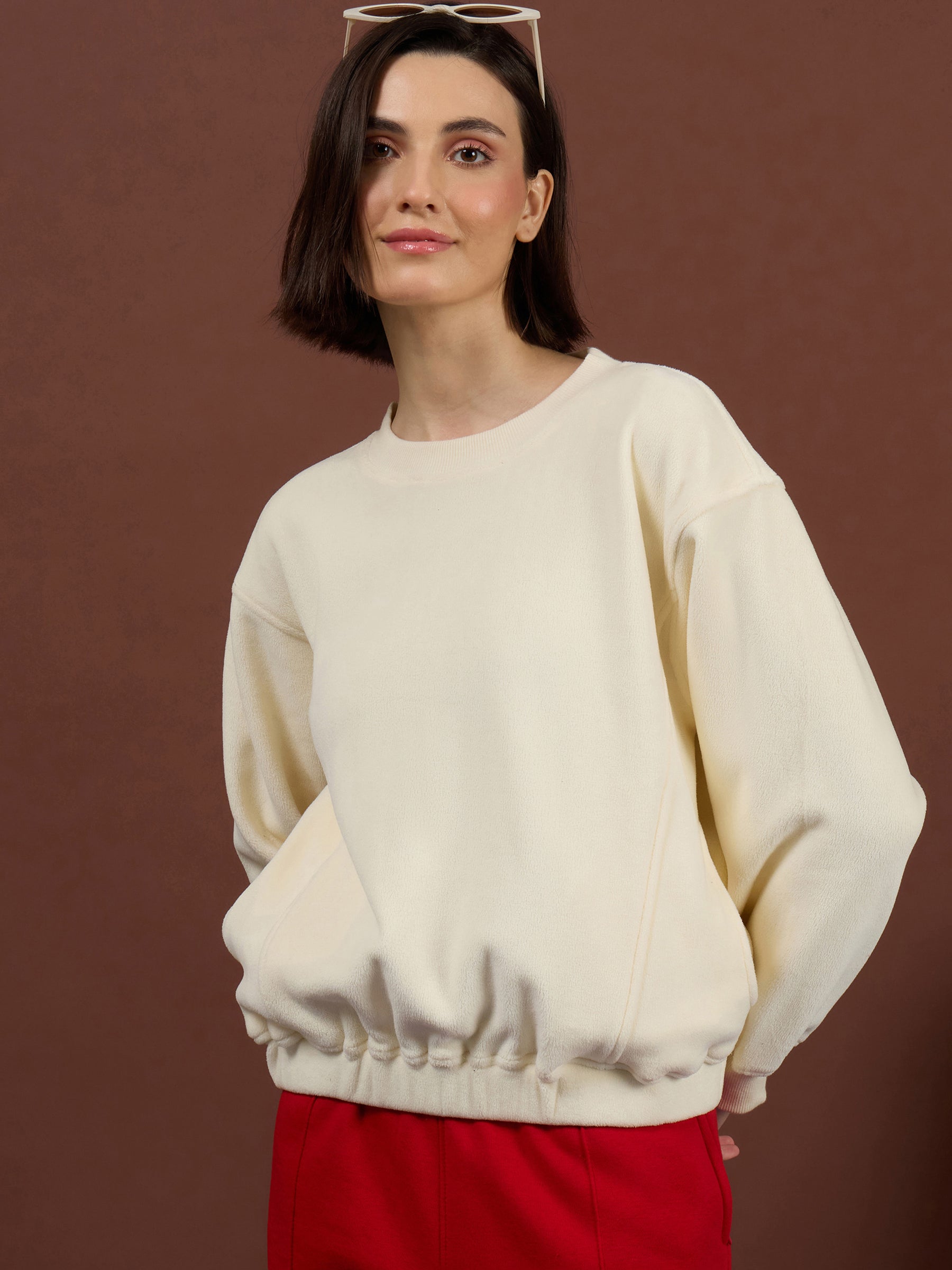 Off-White Polar Fleece Princess Seam Oversize Sweatshirt With Track Pants-SASSAFRAS