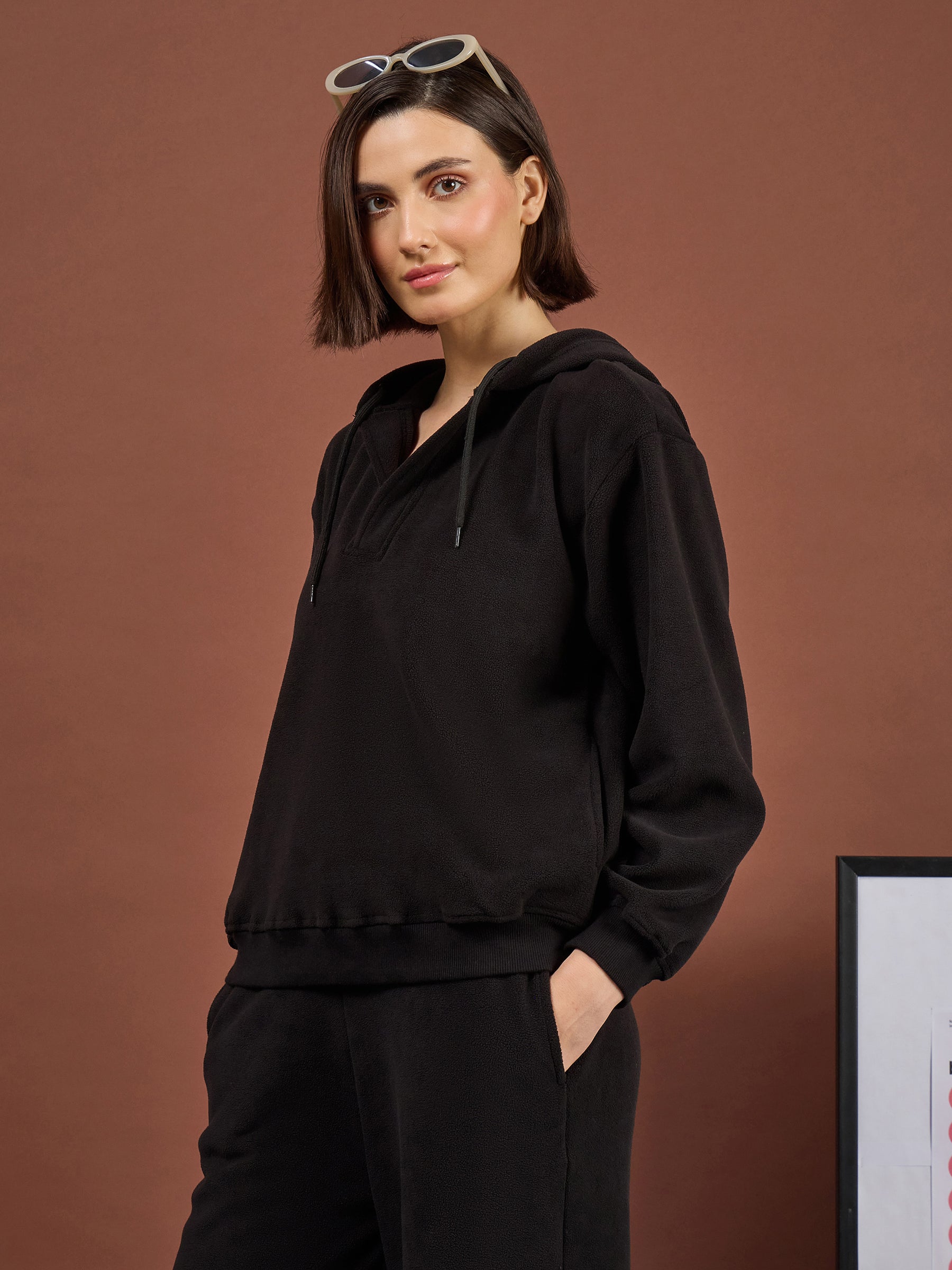 Black Polar Fleece Side Pocket Oversize Hoodie-SASSAFRAS