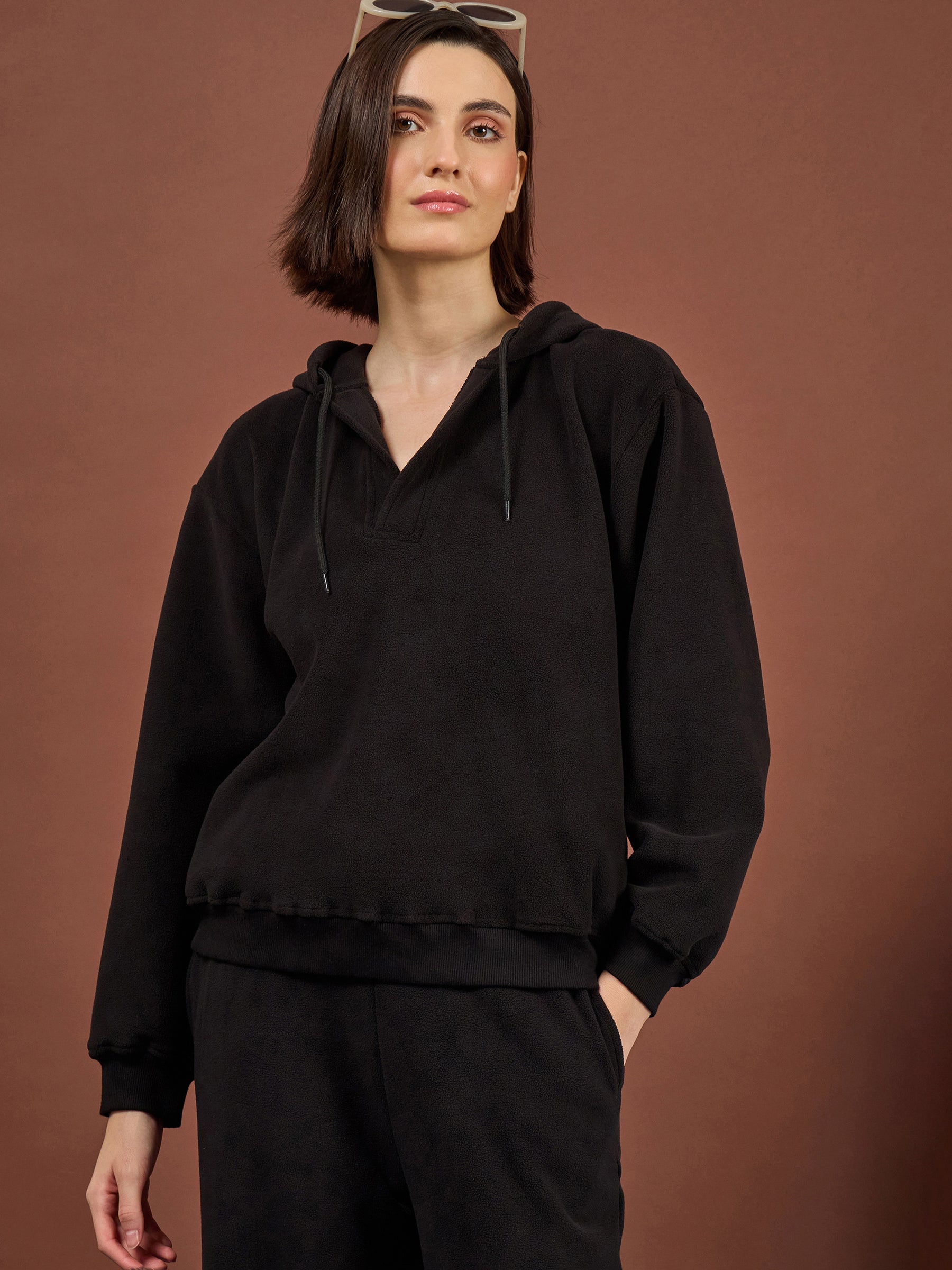 Black Polar Fleece Side Pocket Oversize Hoodie-SASSAFRAS