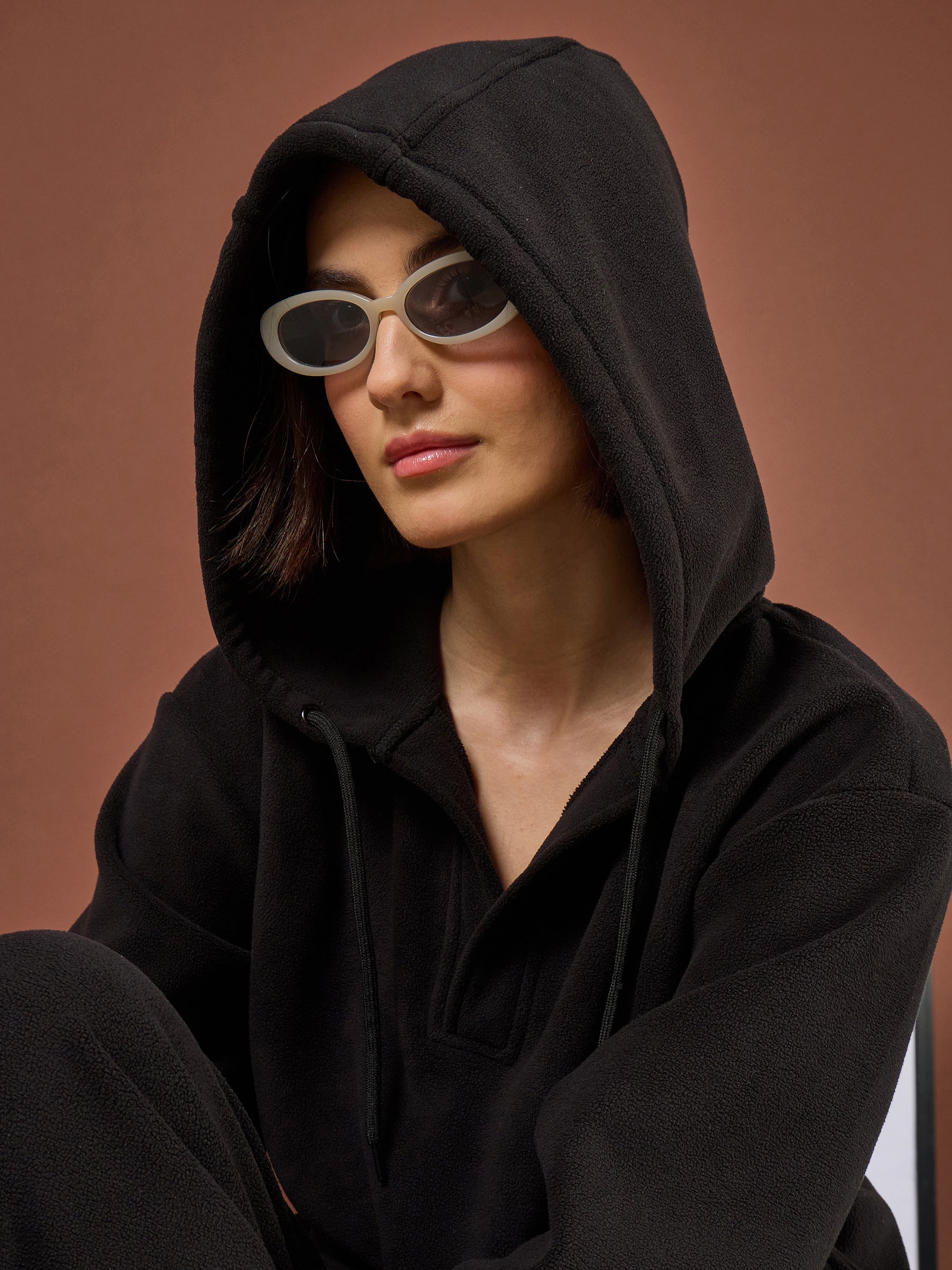 Black Polar Fleece Side Pocket Oversize Hoodie With Track Pants-SASSAFRAS