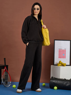 Black Polar Fleece Side Pocket Oversize Hoodie With Track Pants-SASSAFRAS