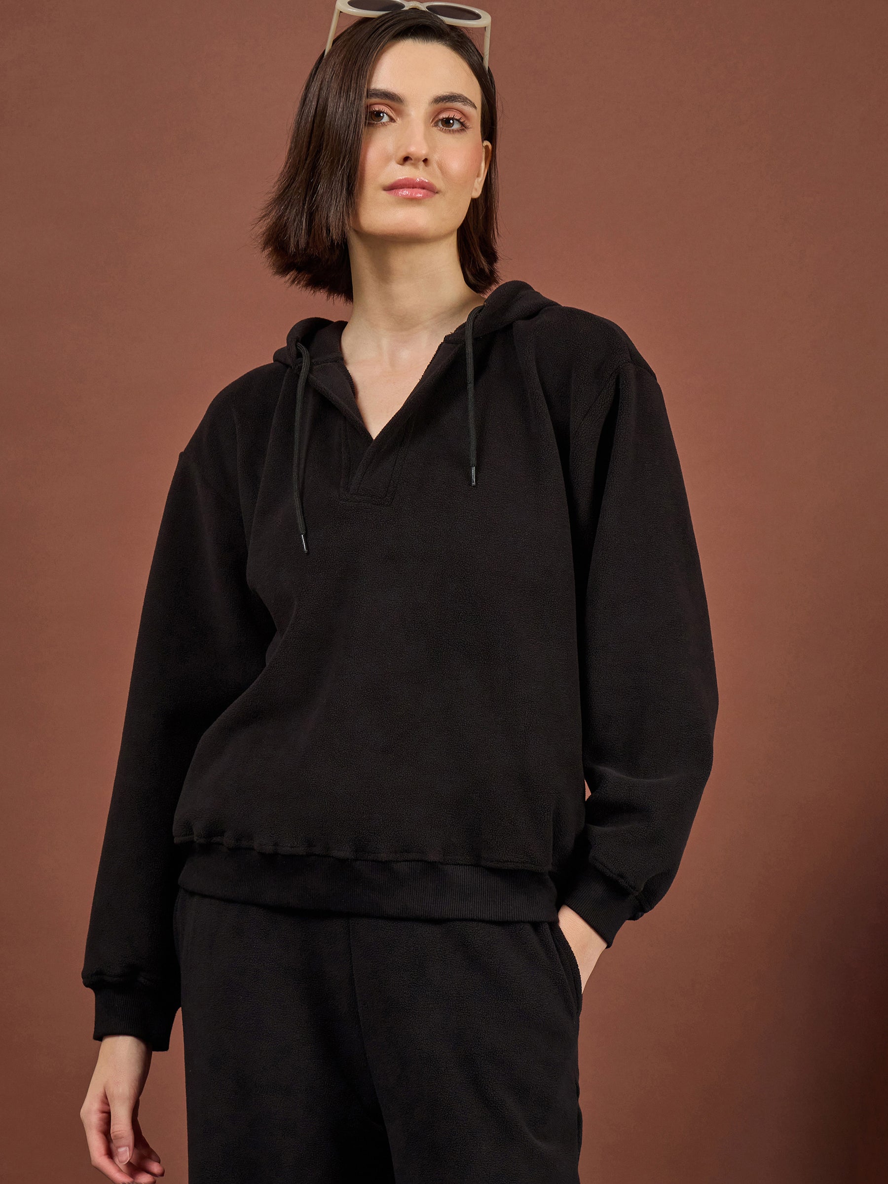 Black Polar Fleece Side Pocket Oversize Hoodie With Track Pants-SASSAFRAS