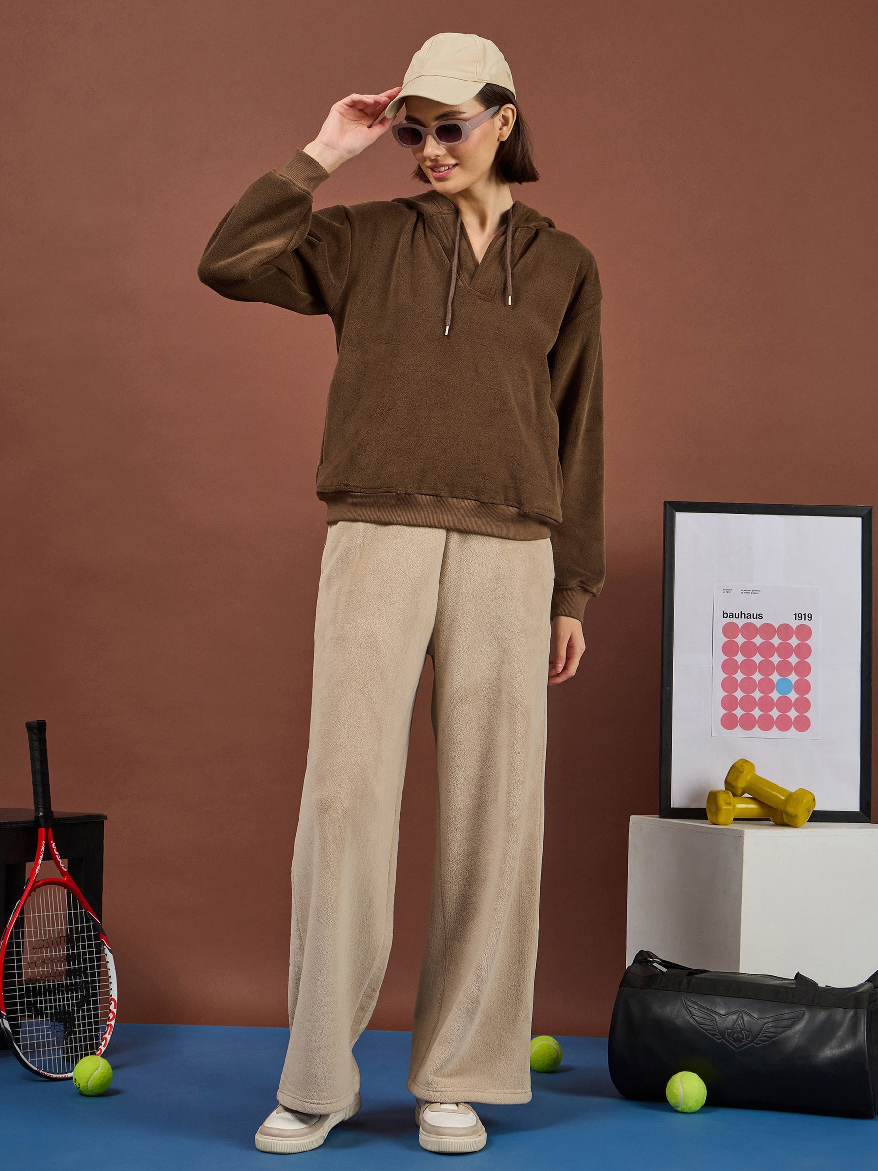 Brown Polar Fleece Side Pocket Oversize Hoodie-SASSAFRAS