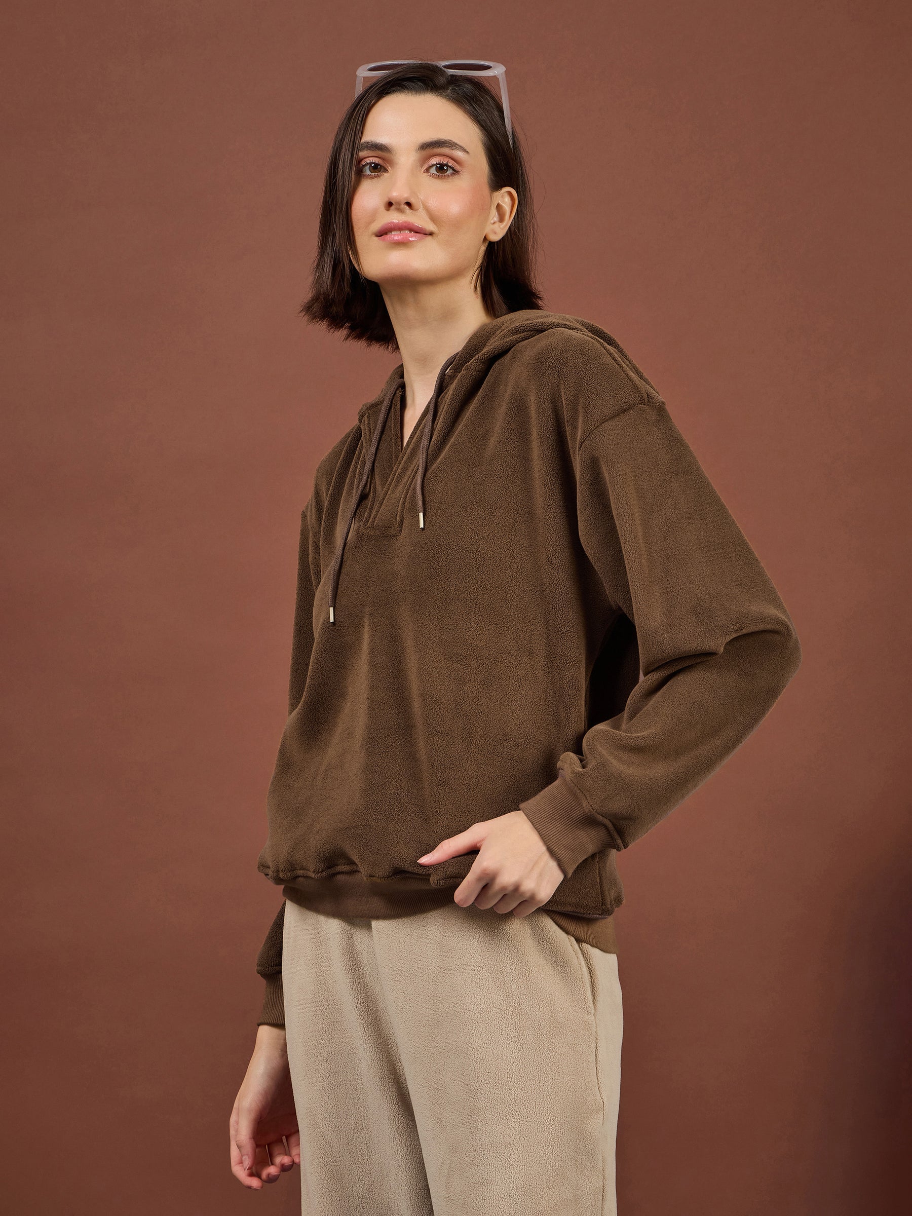 Brown Polar Fleece Side Pocket Oversize Hoodie-SASSAFRAS